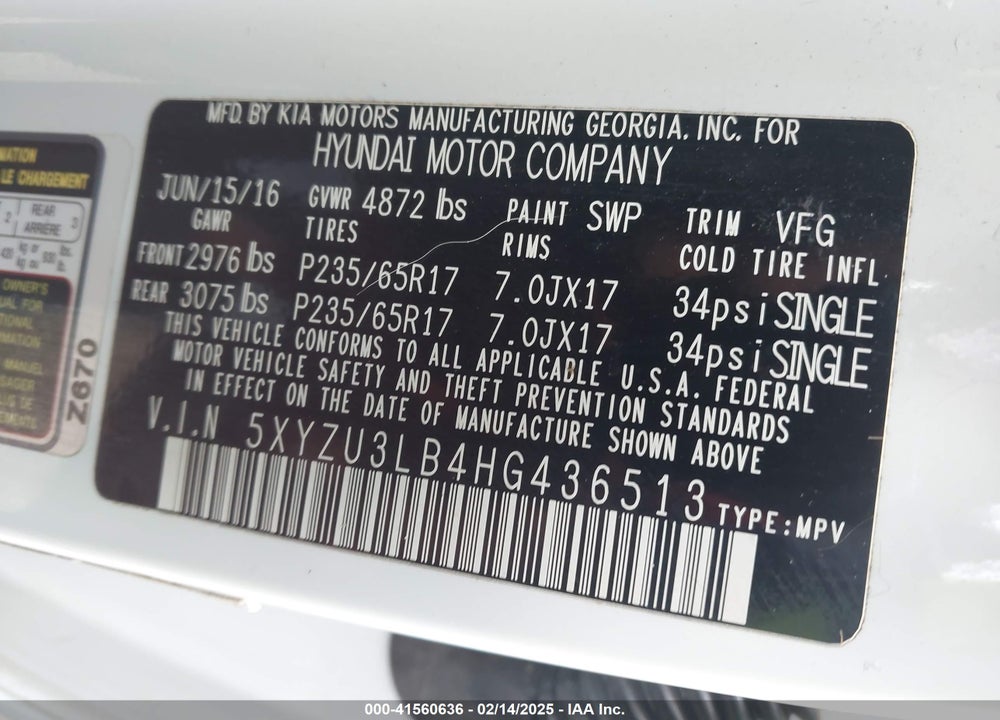 2017 HYUNDAI SANTA FE SPORT 2.4L VIN: 5XYZU3LB4HG436513