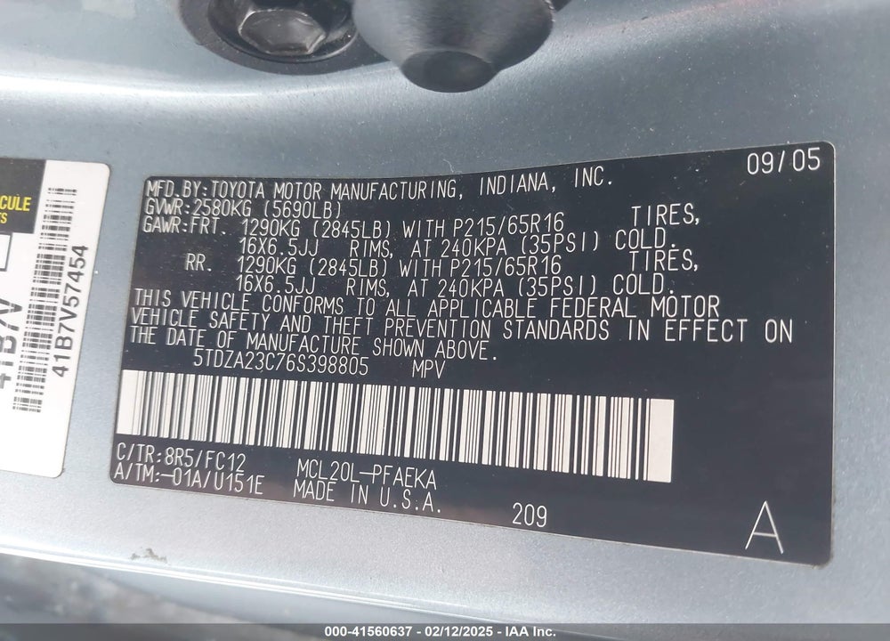 2006 TOYOTA SIENNA LE VIN: 5TDZA23C76S398805