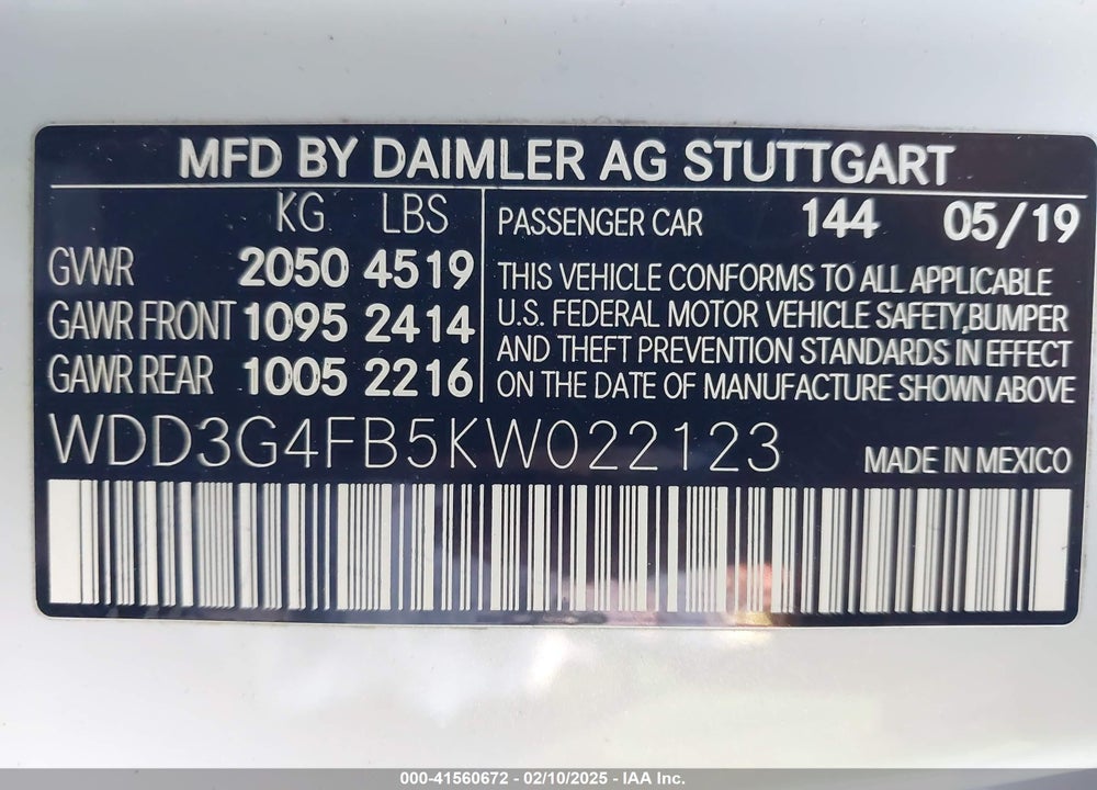 2019 MERCEDES-BENZ A 220 4MATIC VIN: WDD3G4FB5KW022123