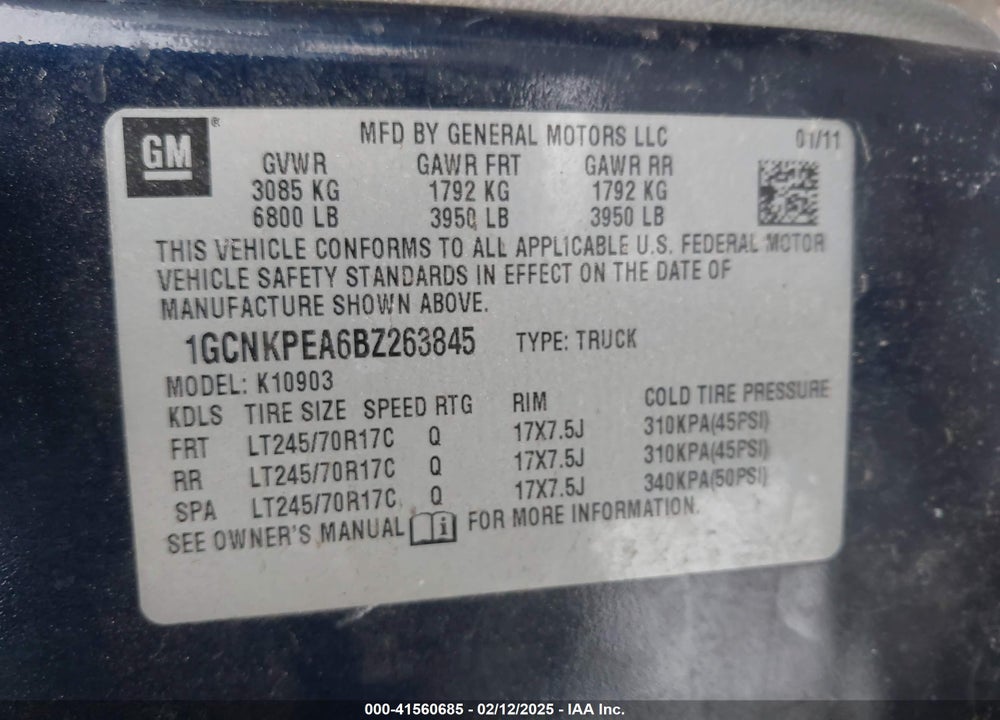 2011 CHEVROLET SILVERADO 1500 VIN: 1GCNKPEA6BZ263845