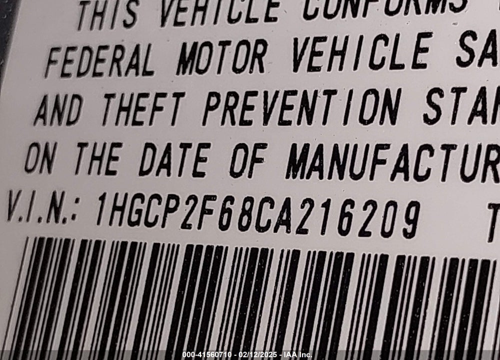 2012 HONDA ACCORD VIN: 1HGCP2F68CA216209