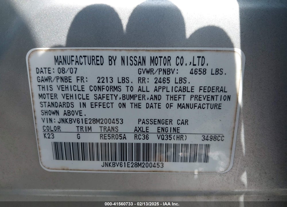 2008 INFINITI G35 VIN: JNKBV61E28M200453