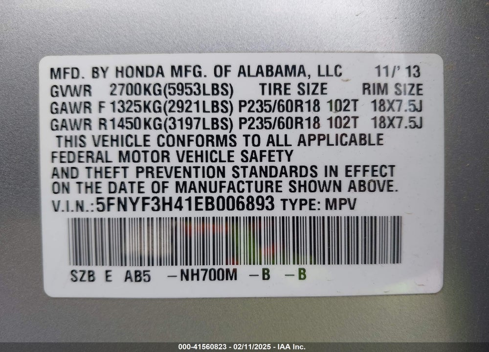 2014 HONDA PILOT EX VIN: 5FNYF3H41EB006893