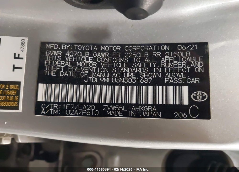 2022 TOYOTA PRIUS VIN: JTDL9MFU3N3031687