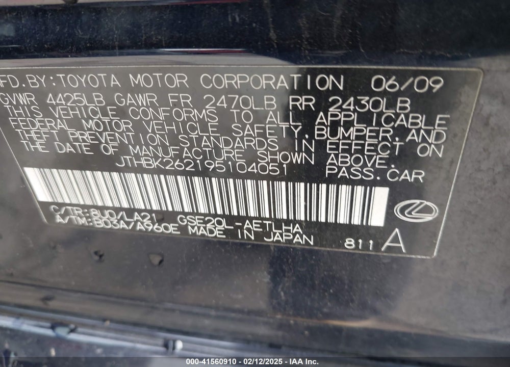 2009 LEXUS IS 250 VIN: JTHBK262195104051