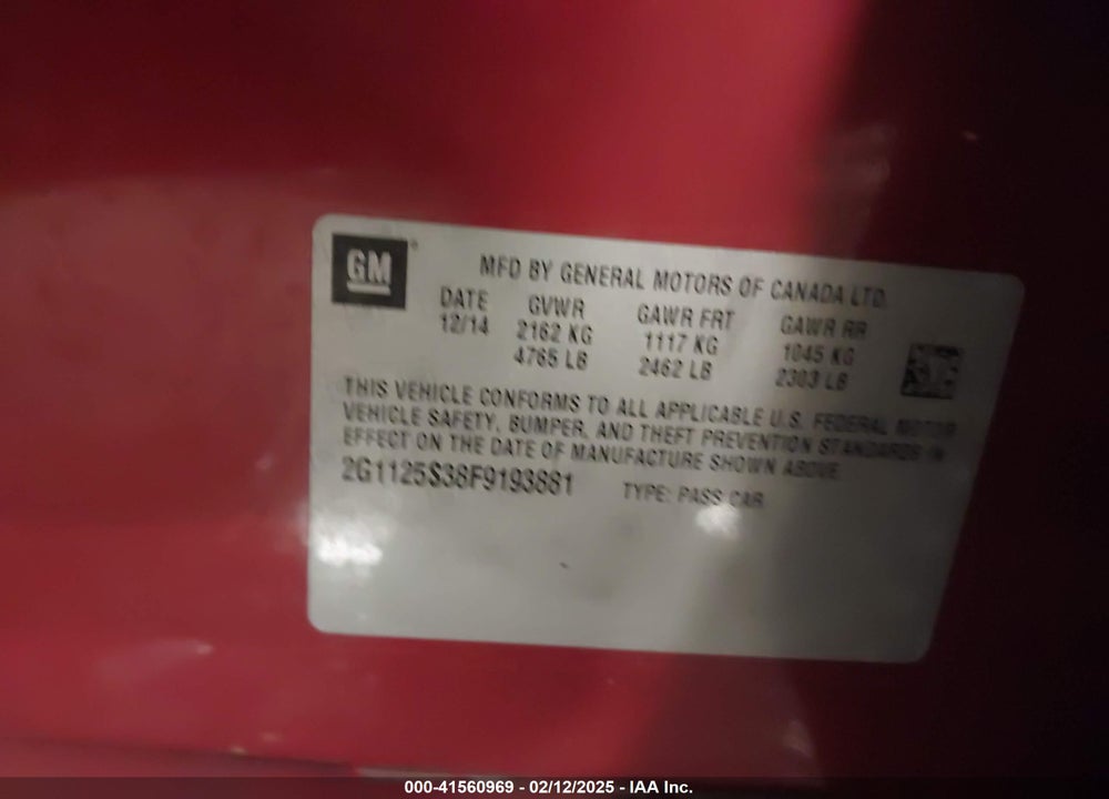 2015 CHEVROLET IMPALA VIN: 2G1125S38F9193881
