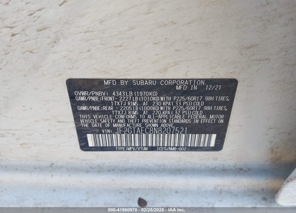 2022 SUBARU CROSSTREK PREMIUM VIN: JF2GTAEC8N8207521