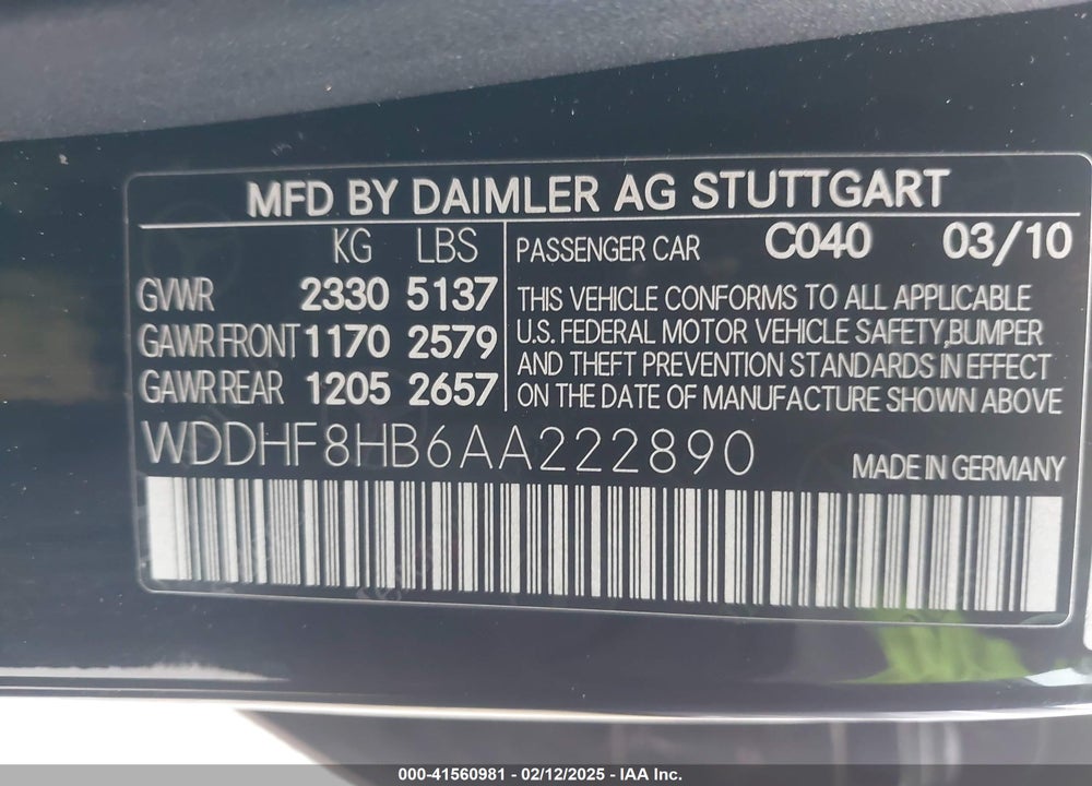 2010 MERCEDES-BENZ E 350 VIN: WDDHF8HB6AA222890