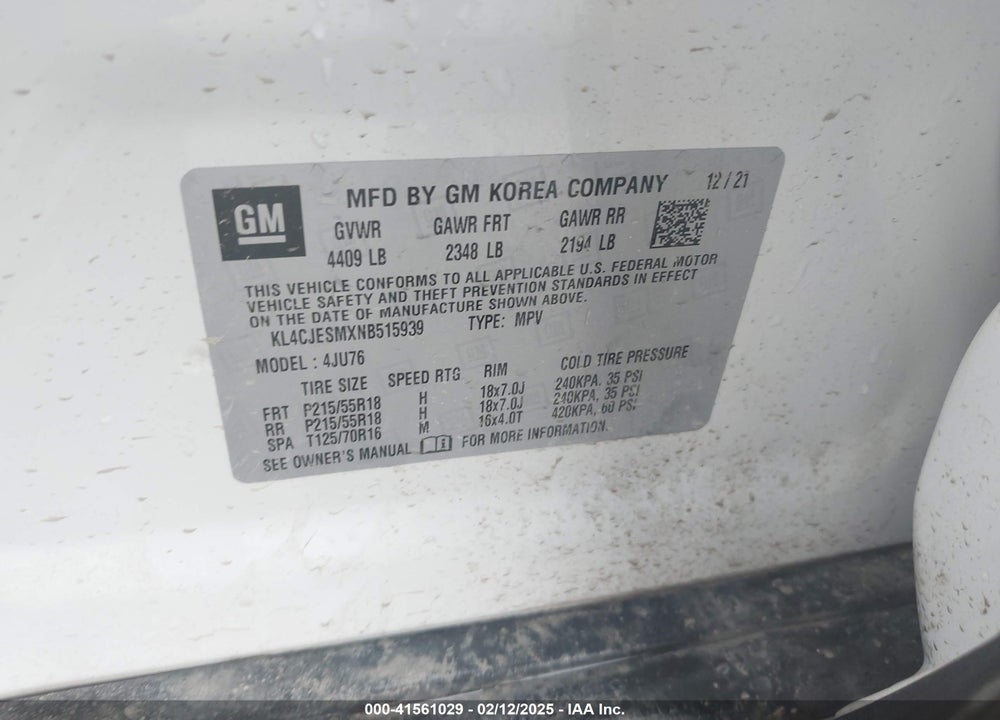 2022 BUICK ENCORE VIN: KL4CJESMXNB515939