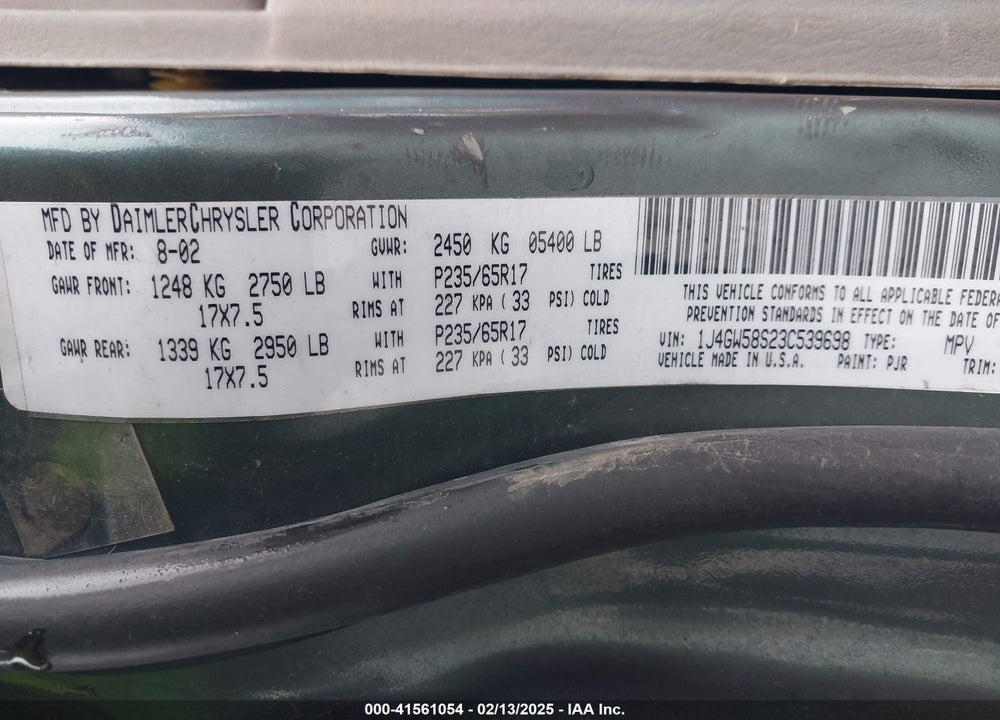 2003 CHERO JEEP GRAND KEE LIMITED VIN: 1J4GW58S23C539698