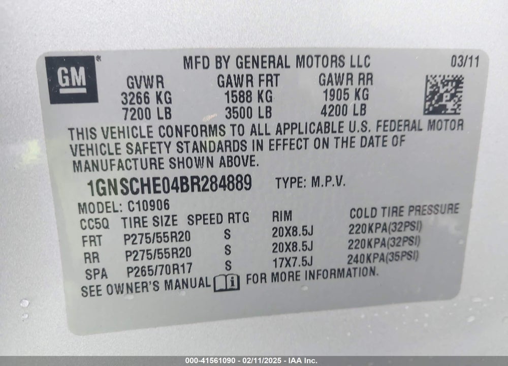 2011 CHEVROLET SUBURBAN 1500 LS VIN: 1GNSCHE04BR284889