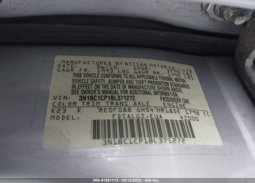 2011 NISSAN VERSA VIN: 3N1BC1CP1BL371272