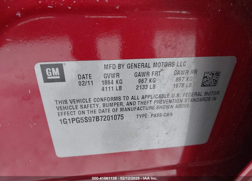 2011 CHEVROLET CRUZE VIN: 1G1PG5S97B7201075
