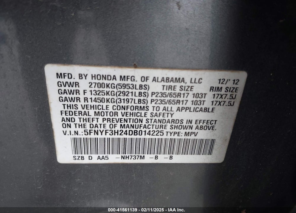 2013 HONDA PILOT LX VIN: 5FNYF3H24DB014225