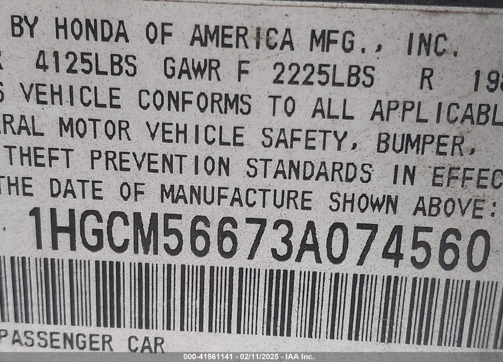 2003 HONDA ACCORD 2.4 EX VIN: 1HGCM56673A074560