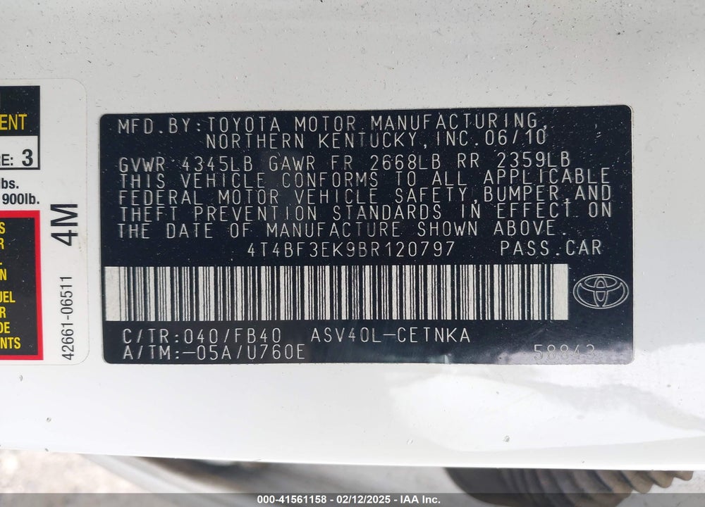 2011 TOYOTA CAMRY LE VIN: 4T4BF3EK9BR120797