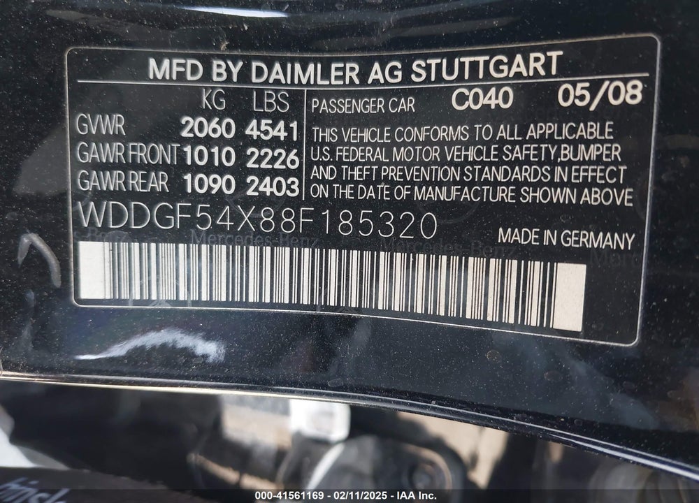 2008 MERCEDES-BENZ C 300 VIN: WDDGF54X88F185320