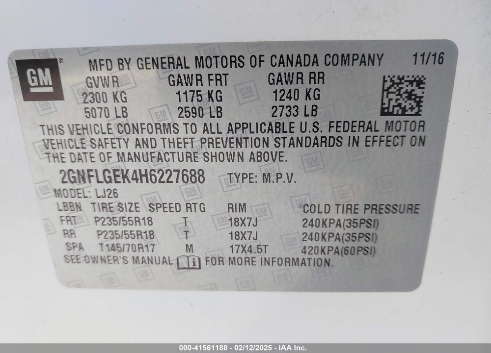 2017 CHEVROLET EQUINOX PREMIER VIN: 2GNFLGEK4H6227688