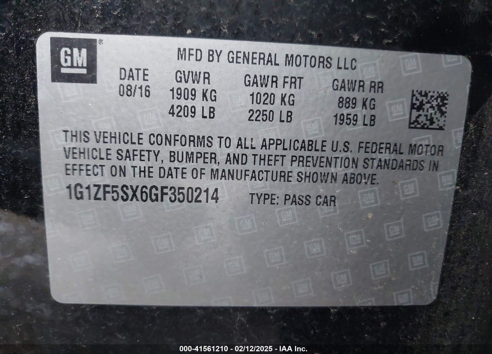 2016 CHEVROLET MALIBU VIN: 1G1ZF5SX6GF350214