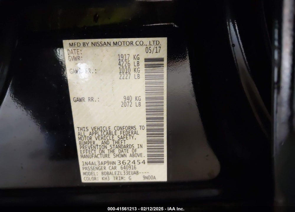 2017 NISSAN ALTIMA VIN: 1N4AL3AP9HN362454