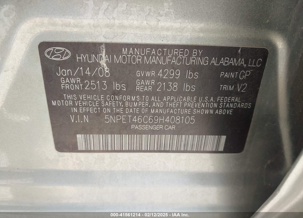2009 HYUNDAI SONATA GLS VIN: 5NPET46C69H408105
