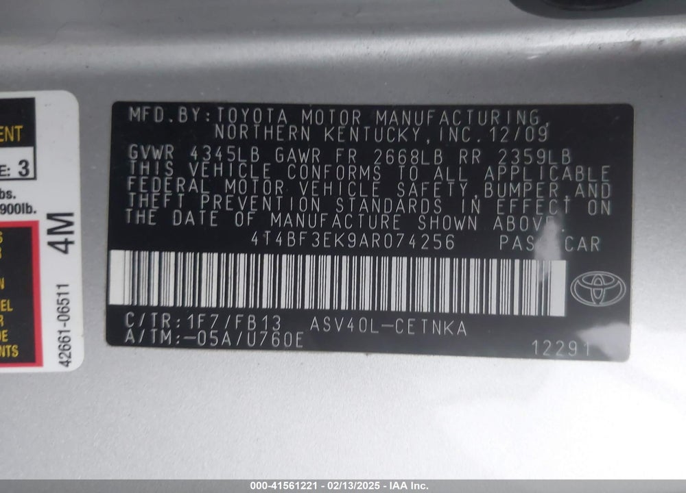 2010 TOYOTA CAMRY VIN: 4T4BF3EK9AR074256