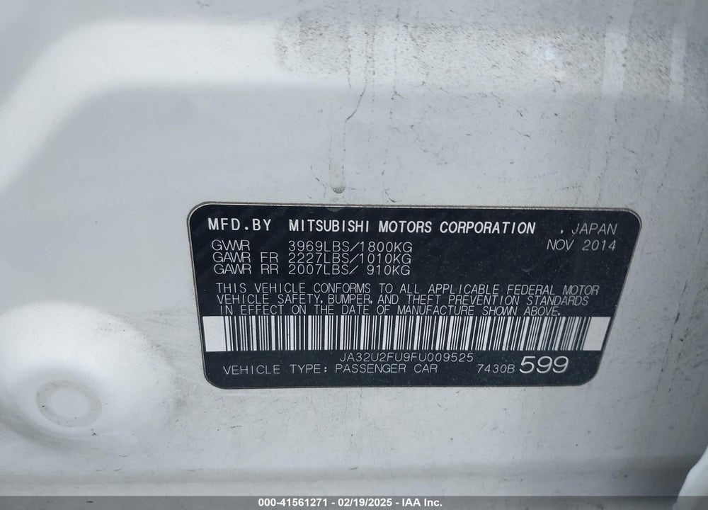 2015 MITSUBISHI LANCER VIN: JA32U2FU9FU009525