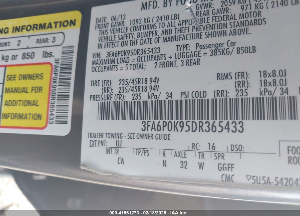 2013 FORD FUSION VIN: 3FA6P0K95DR365433