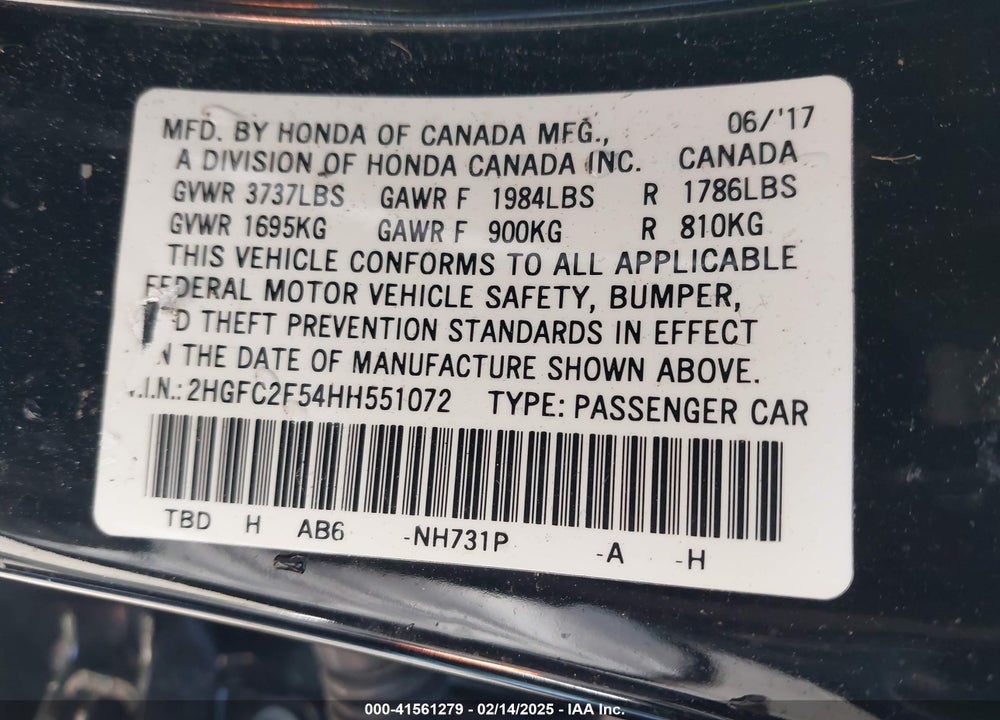 2017 HONDA CIVIC VIN: 2HGFC2F54HH551072