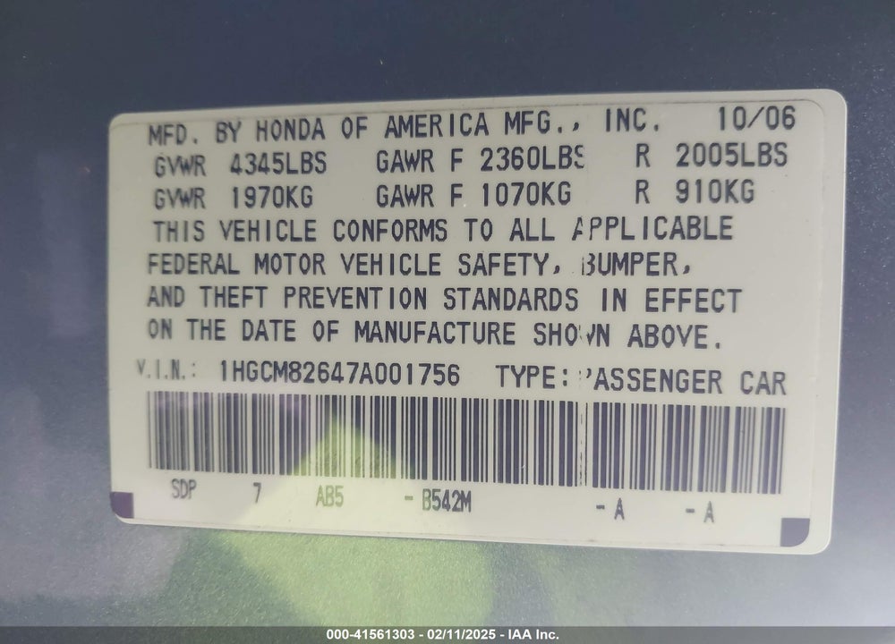 2007 HONDA ACCORD VIN: 1HGCM82647A001756