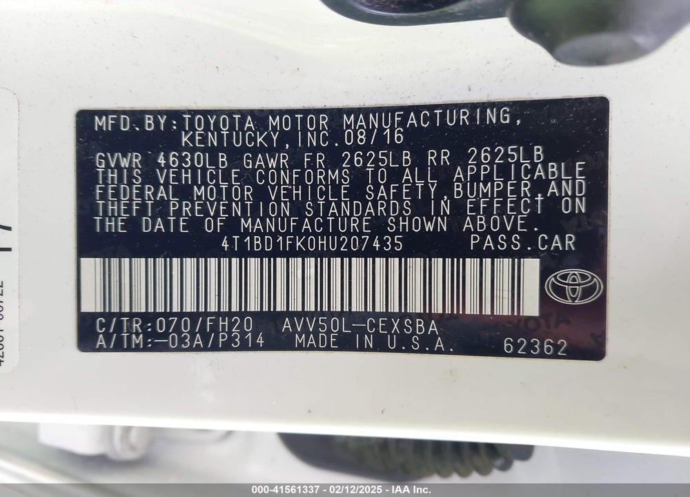 2017 TOYOTA CAMRY HYBRID VIN: 4T1BD1FK0HU207435