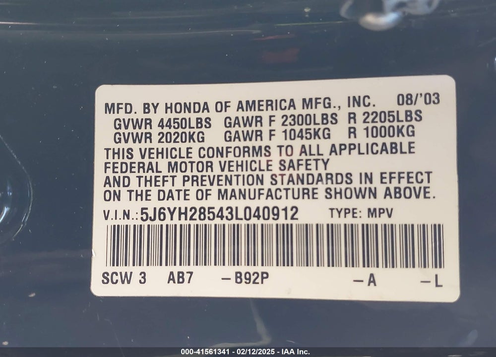2003 HONDA ELEMENT EX VIN: 5J6YH28543L040912