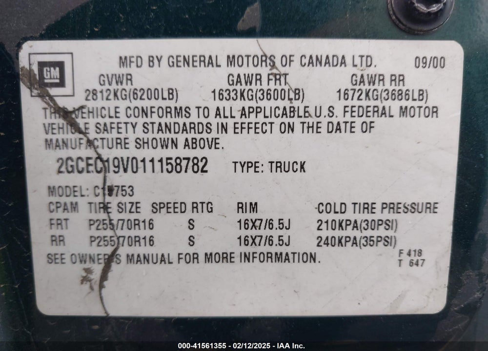 2001 CHEVROLET SILVERADO 1500 LS VIN: 2GCEC19V011158782