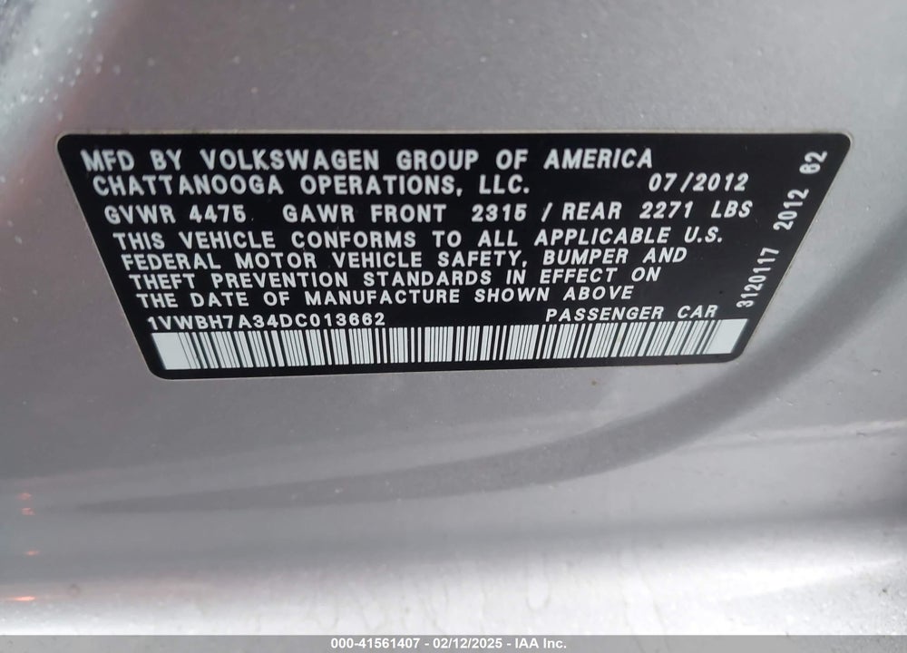2013 VOLKSWAGEN PASSAT VIN: 1VWBH7A34DC013662