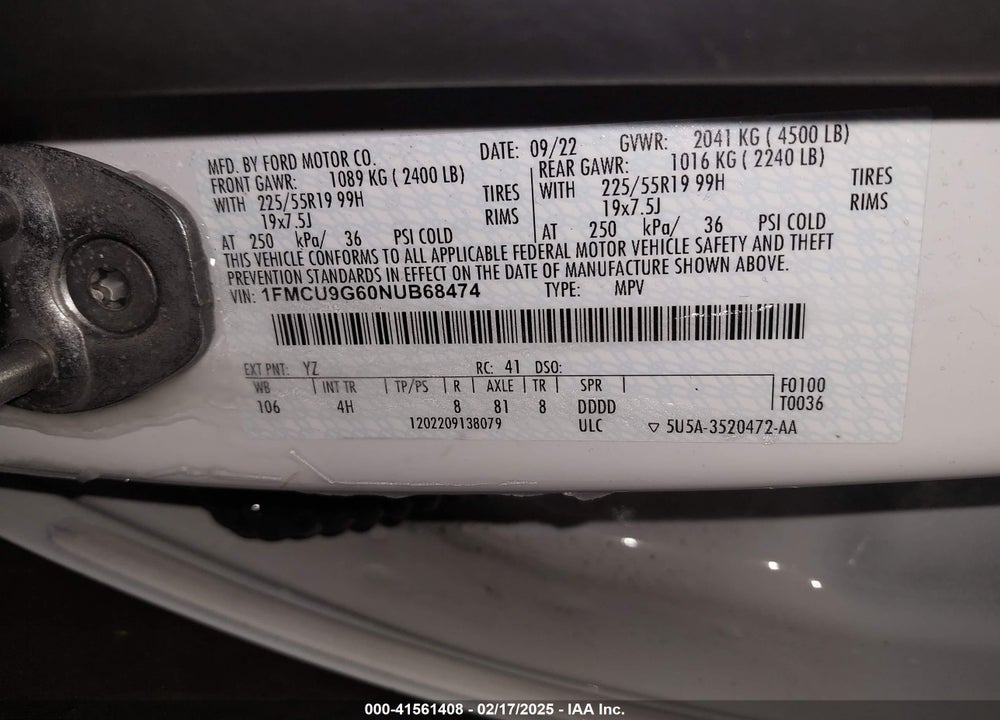 2022 FORD ESCAPE VIN: 1FMCU9G60NUB68474