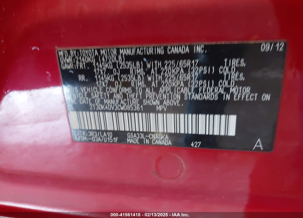 2012 TOYOTA RAV4 LIMITED V6 VIN: 2T3DK4DV3CW085361