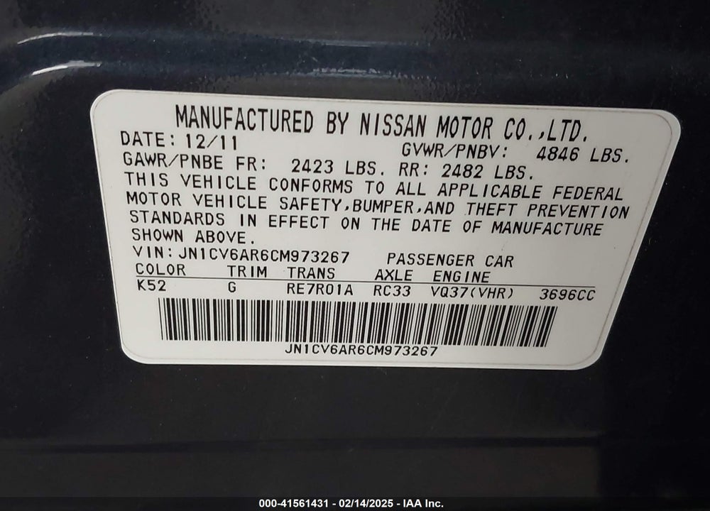 2012 INFINITI G37X VIN: JN1CV6AR6CM973267