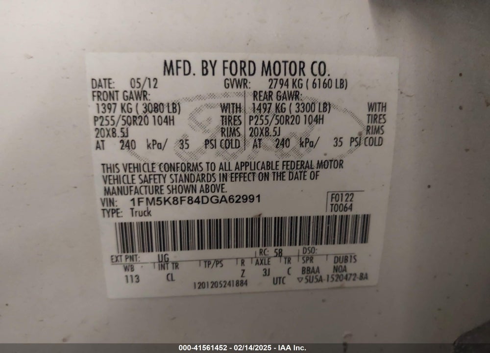 2013 FORD EXPLORER LIMITED VIN: 1FM5K8F84DGA62991