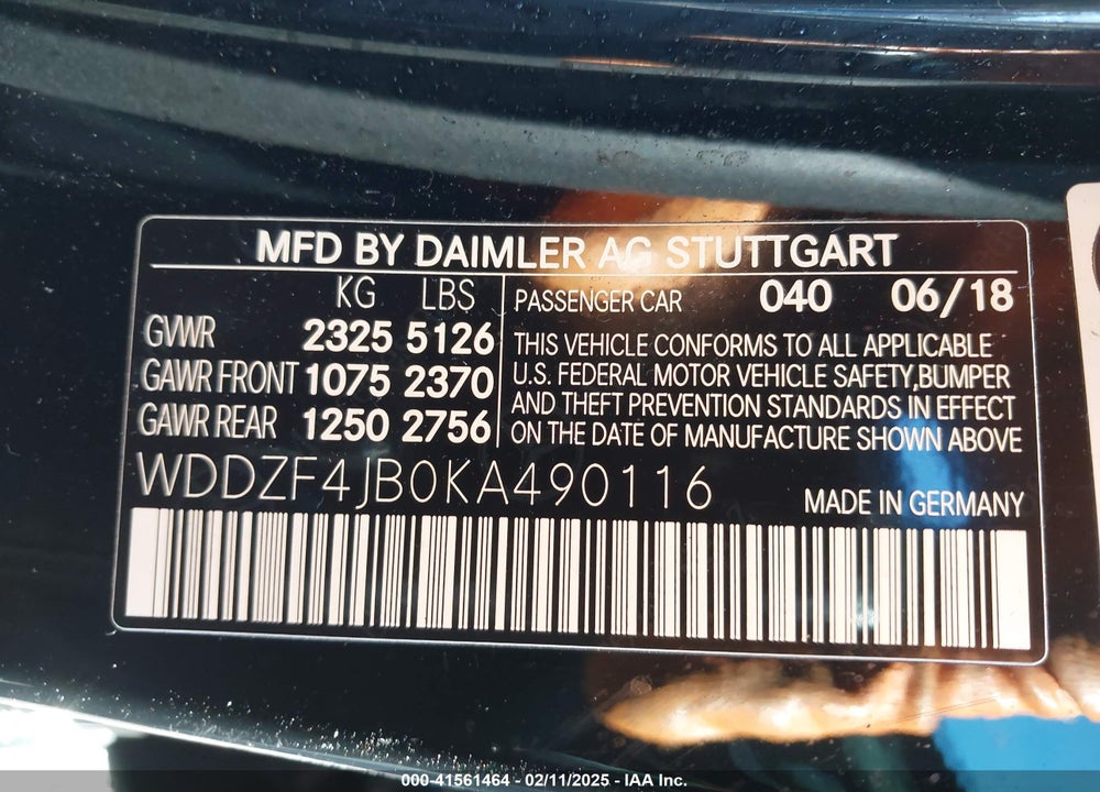 2019 MERCEDES-BENZ E 300 VIN: WDDZF4JB0KA490116