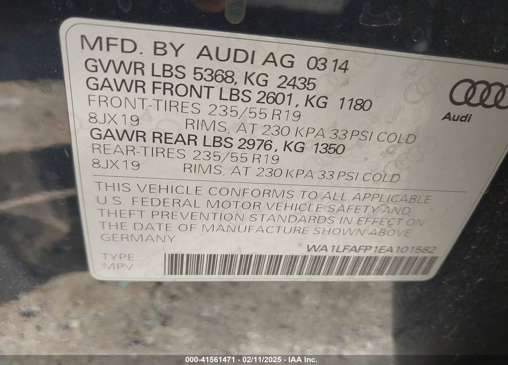 2014 AUDI Q5 VIN: WA1LFAFP1EA101582