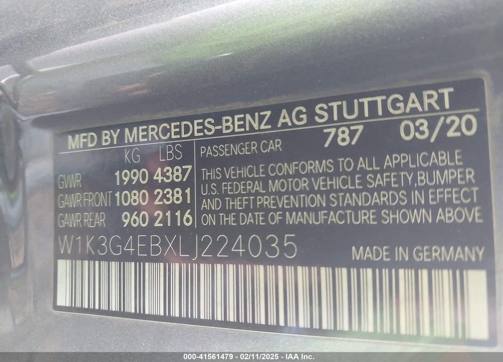 2020 MERCEDES-BENZ A 220 VIN: W1K3G4EBXLJ224035
