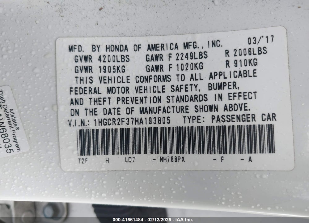 2017 HONDA ACCORD VIN: 1HGCR2F37HA193805