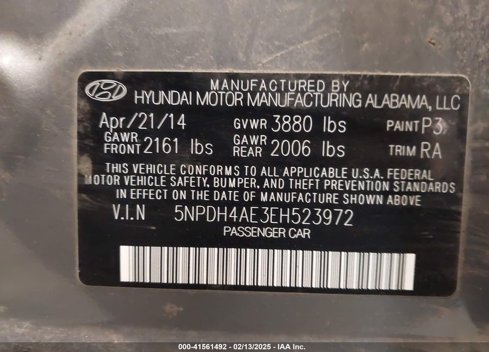 2014 HYUNDAI ELANTRA LIMITED VIN: 5NPDH4AE3EH523972