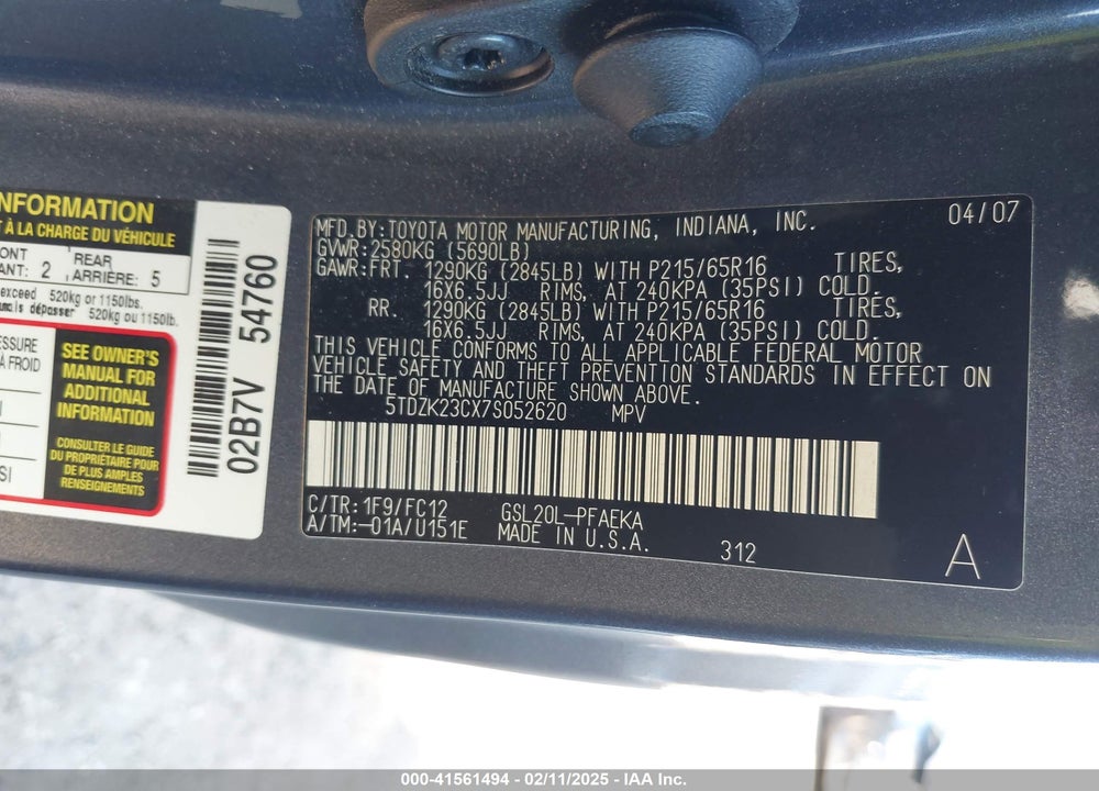 2007 TOYOTA SIENNA LE VIN: 5TDZK23CX7S052620