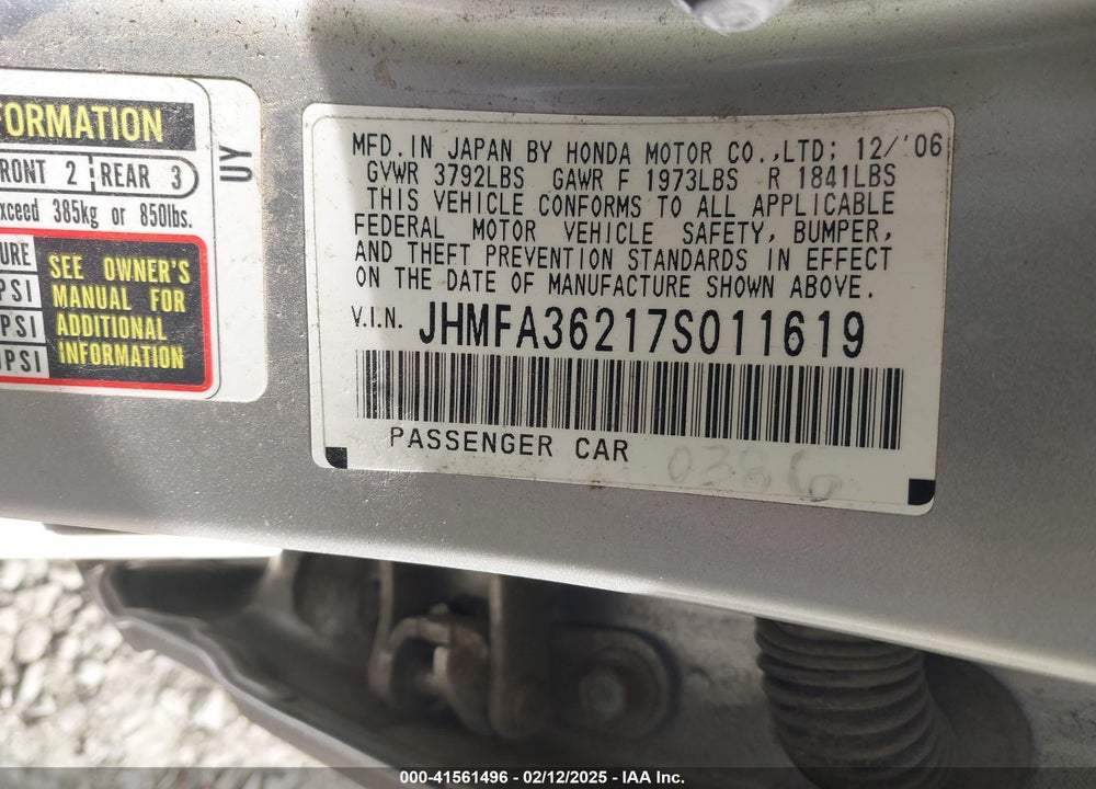 2007 HONDA CIVIC HYBRID VIN: JHMFA36217S011619