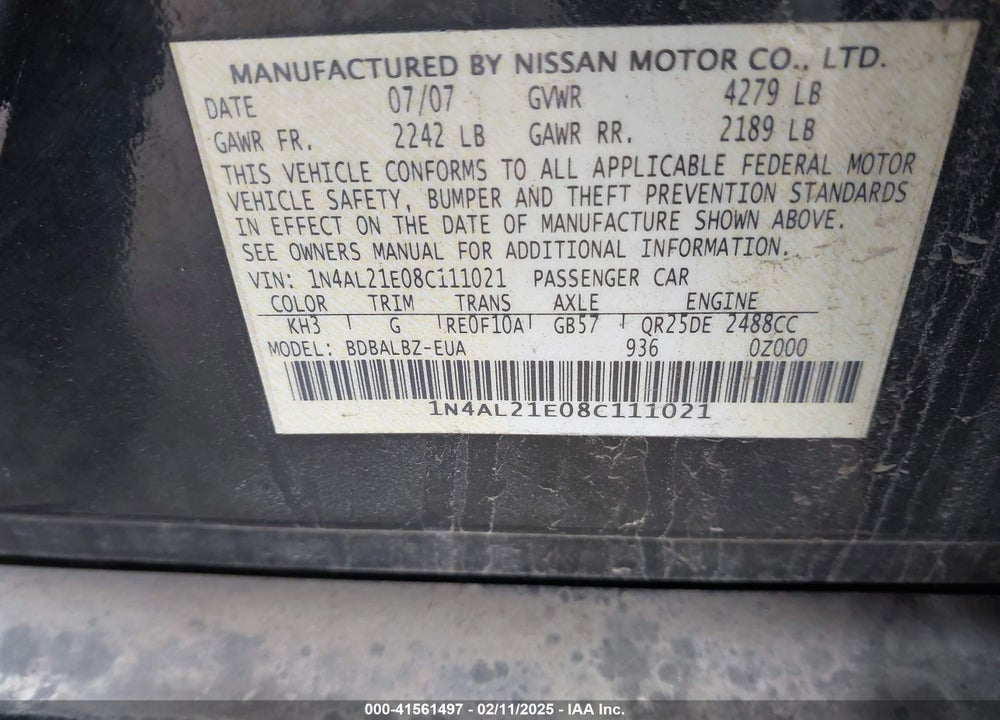 2008 NISSAN ALTIMA 2.5 S VIN: 1N4AL21E08C111021