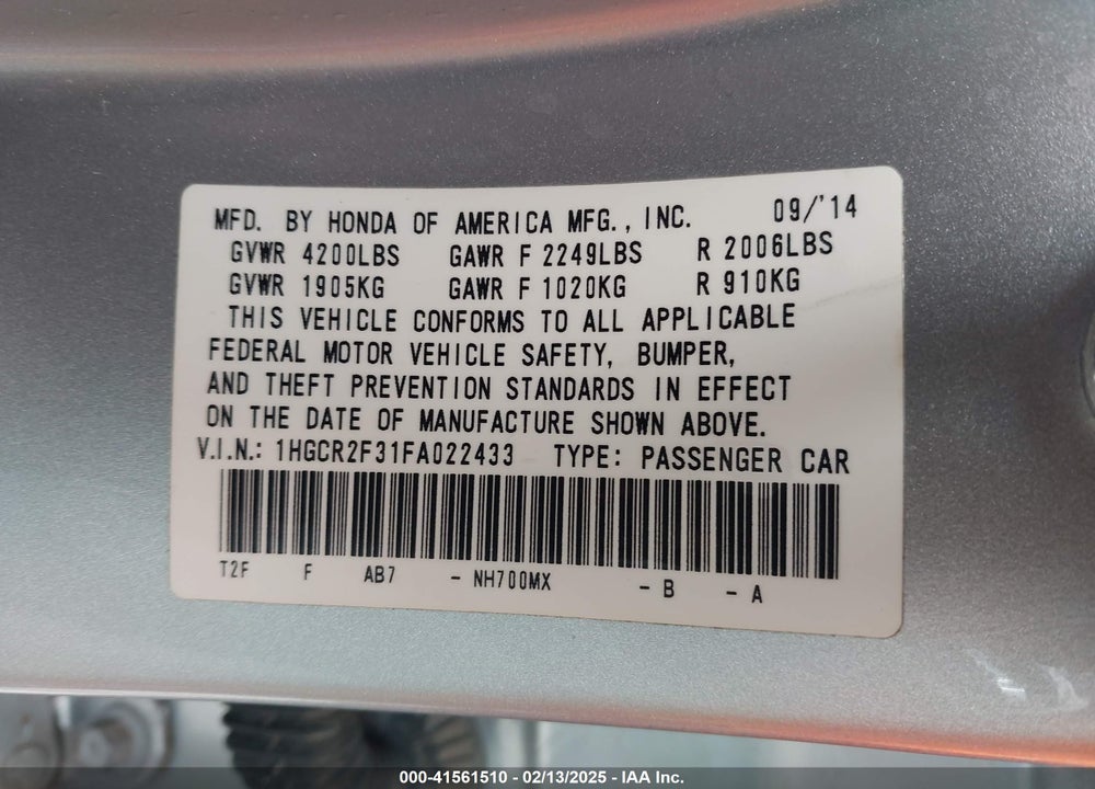2015 HONDA ACCORD VIN: 1HGCR2F31FA022433