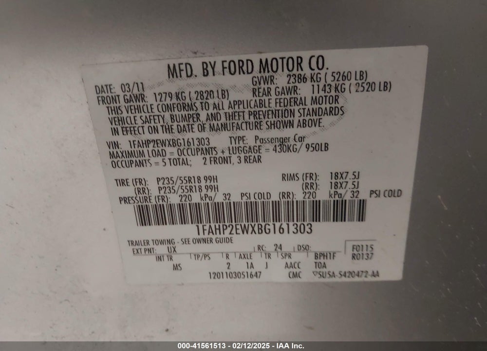 2011 FORD TAURUS VIN: 1FAHP2EWXBG161303