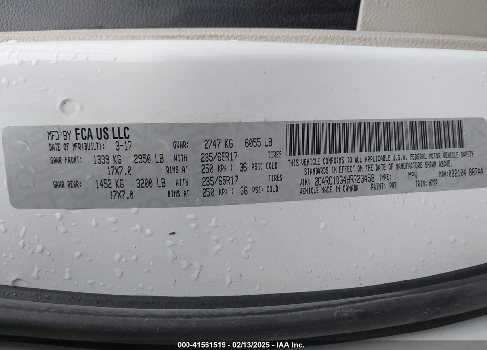 2017 CHRYSLER PACIFICA TOURING VIN: 2C4RC1DG4HR723458