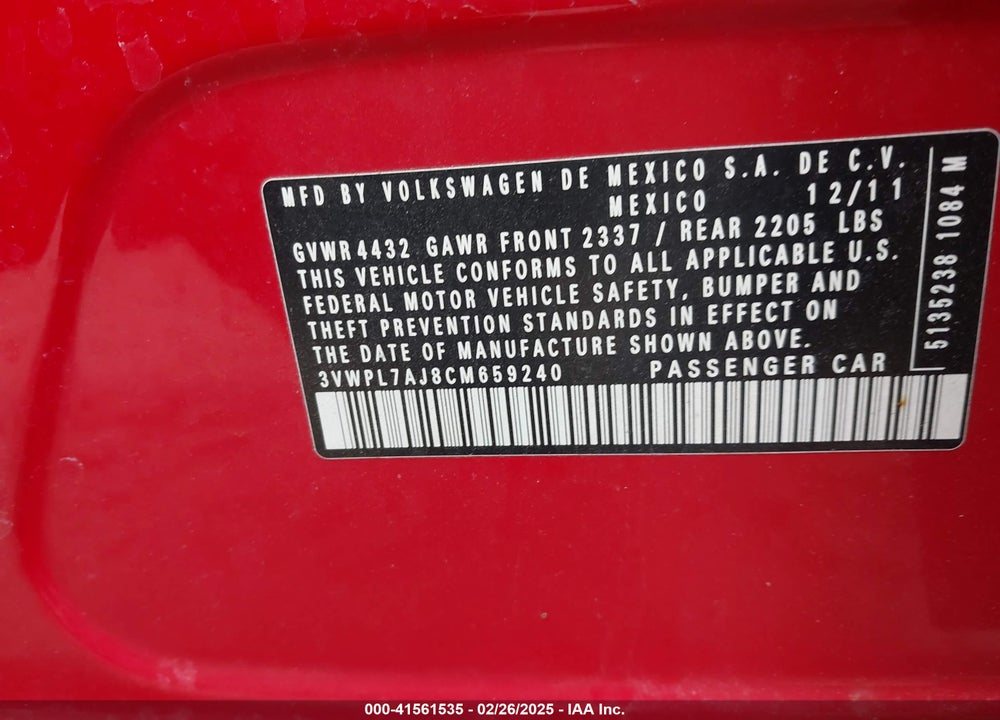 2012 VOLKSWAGEN JETTA SPORTWAGEN 2.0L TDI VIN: 3VWPL7AJ8CM659240